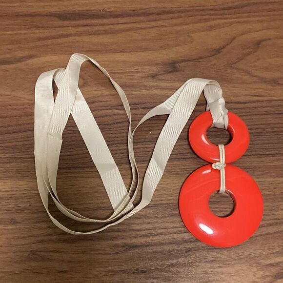 Vintage Mod Double Orange Circular Drop Necklace on Ribbon. - Picture 5 of 5